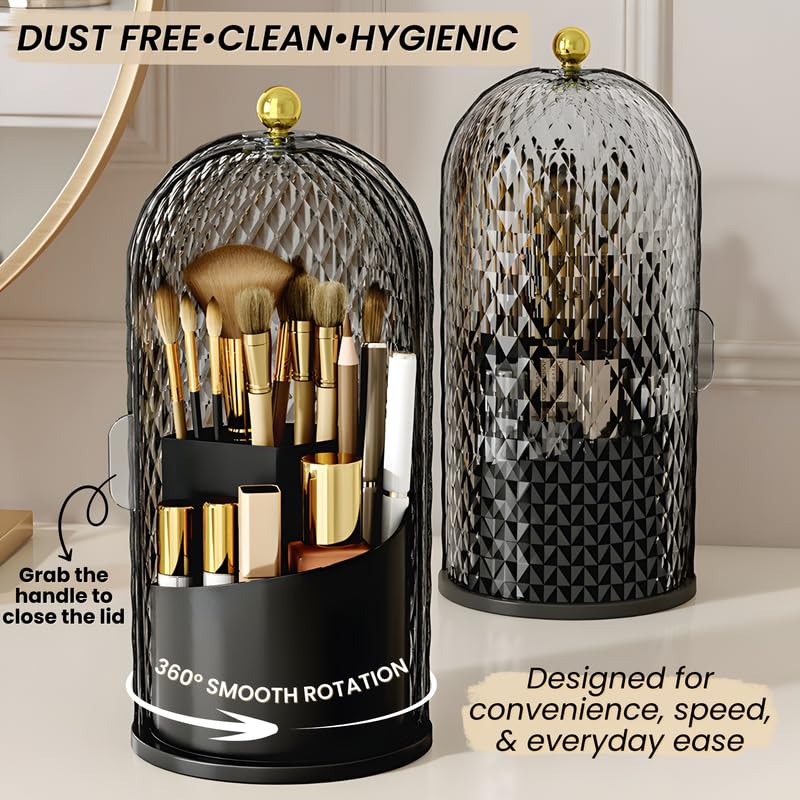 Image of OCEANEVO Cosmetic Makeup Brush Holder with Makeup Sponge, Dustproof Makeup Brush Organiser Stand with 360 Rotatable Lid - 12.5 x 27 Cm - Black - Diamond Pattern - 1 Year Warranty
