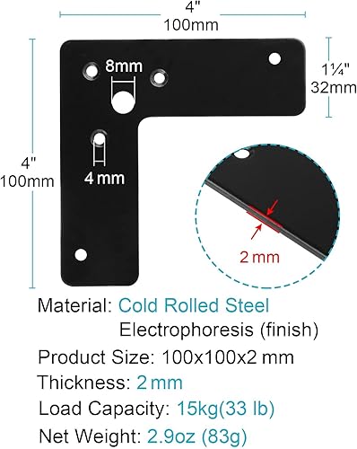 Miniatura 2 de 10 unidades de soporte de esquina plano negro de 4 x 4 x 1 pulgadas, en forma de L, placas de reparación de fijación plana, grosor de 0.079