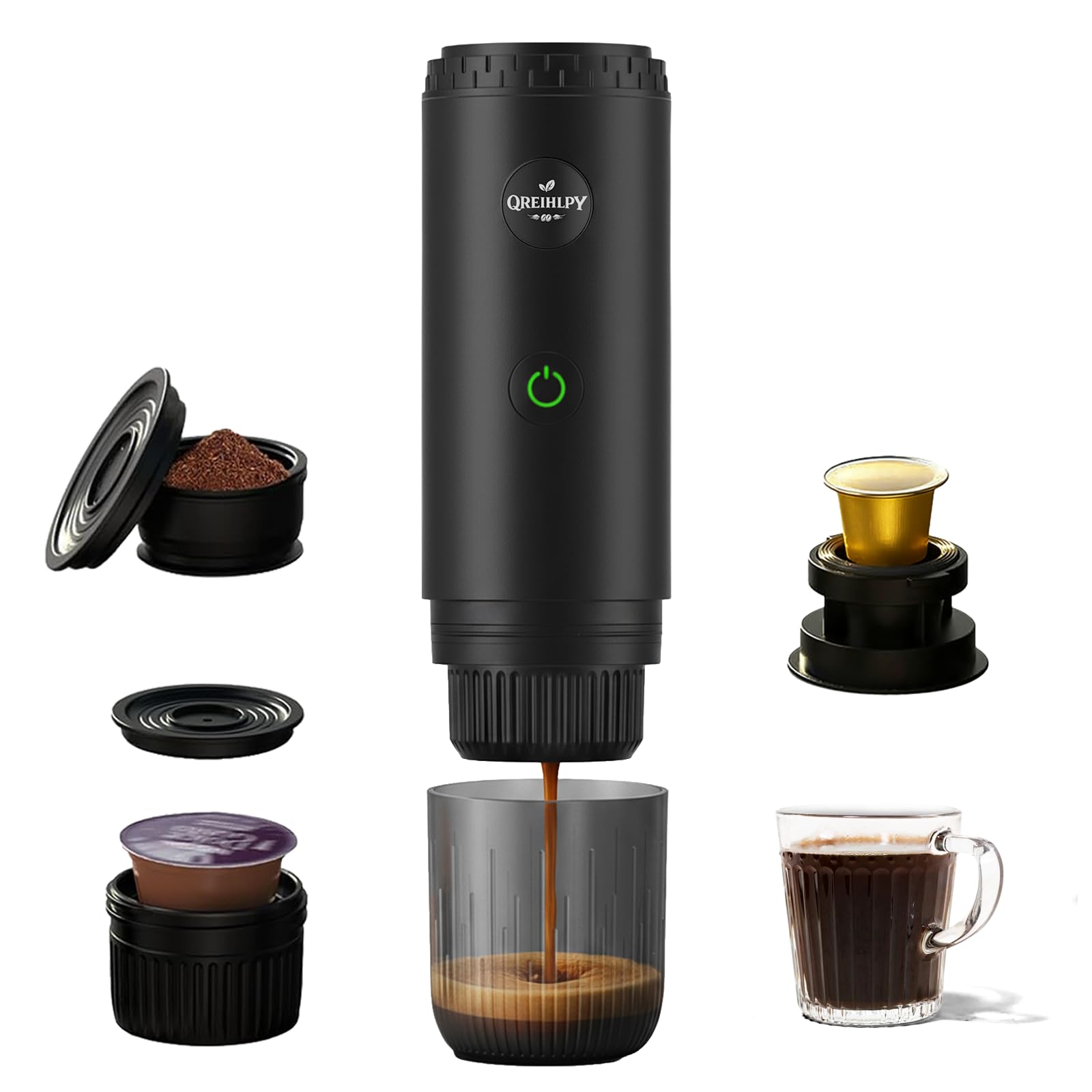 Cafetera Portátil 3 en 1, Presión para un Auténtico Espresso con Crema Espesa, Compatible con Cápsulas Nespresso y Café Molido, Autocalefactable para Viajes, Camping, Oficina y Hogar
