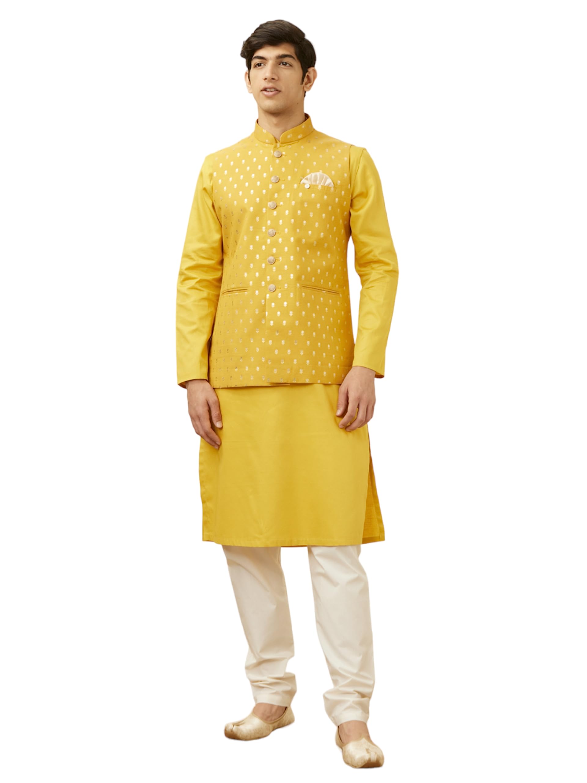 manyavar Men's Chanderi Self Design Sleeveless Casual,Traditional Nehru Jacket Mustard-picture-14