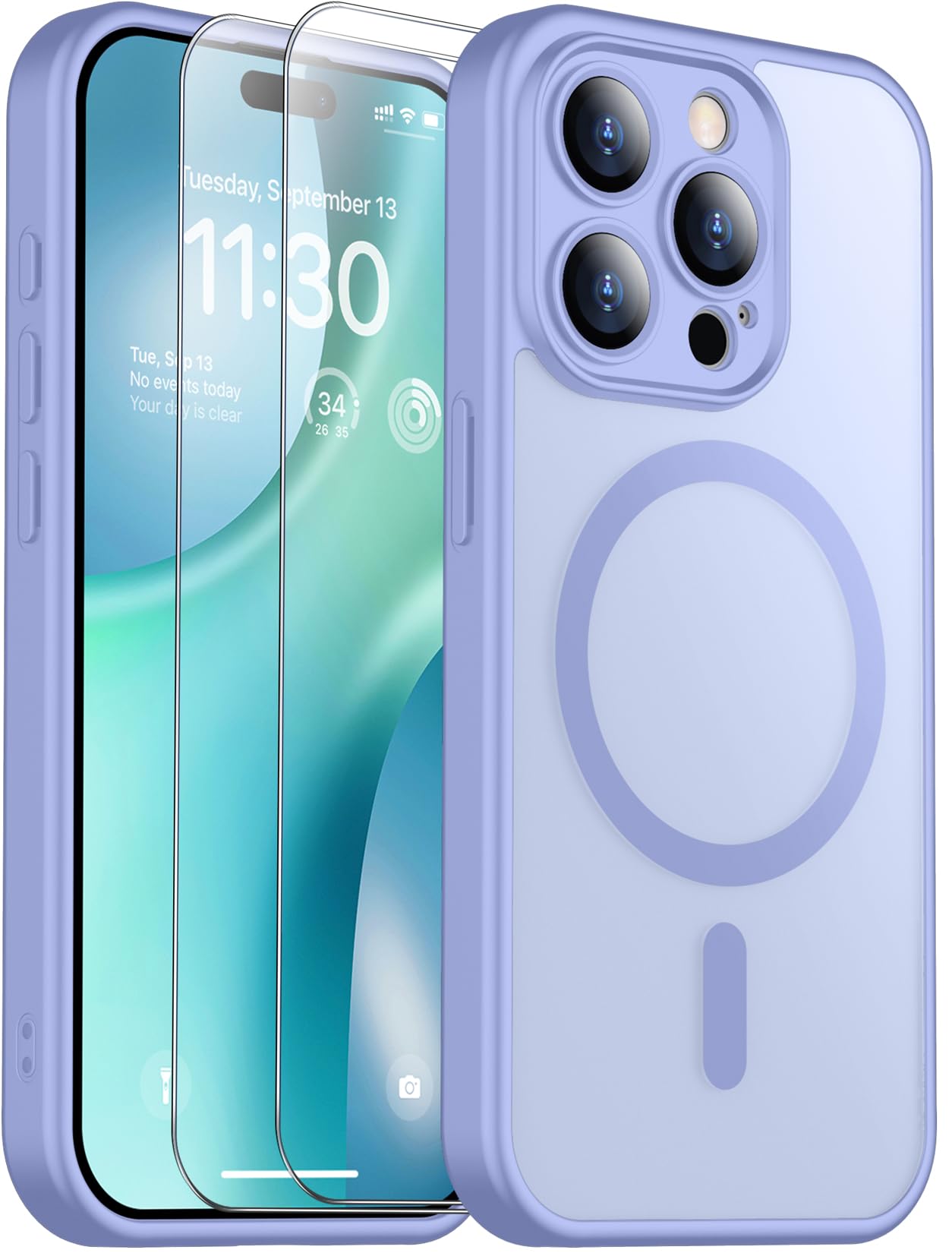 SPIDERCASE Designed for iPhone 15 Pro Max Case, Magnetic Translucent [2 Tempered Glass Screen Protector] [Full Camera Protection] Anti-Fingerprint Anti-Scratch for iPhone 15 Pro Max 6.7”, Light Purple