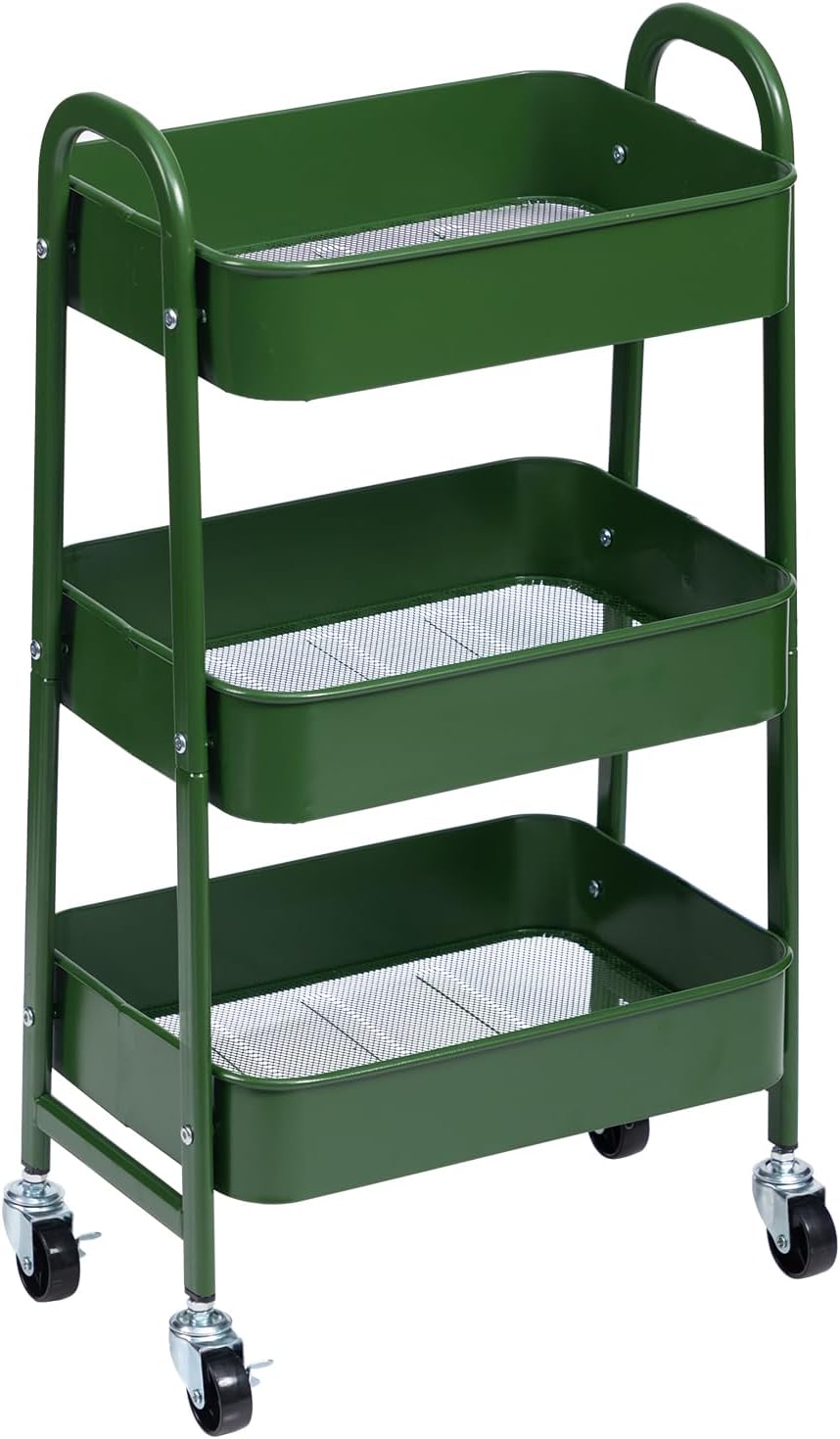 AGTEK 3 Tier Utility Rolling Cart with Lockable Wheels, Metal Multifunctional Storage, Organizer Cart for Kitchen, Office, Living Room, Makeup, Craft, Art Studio, Forest Green
