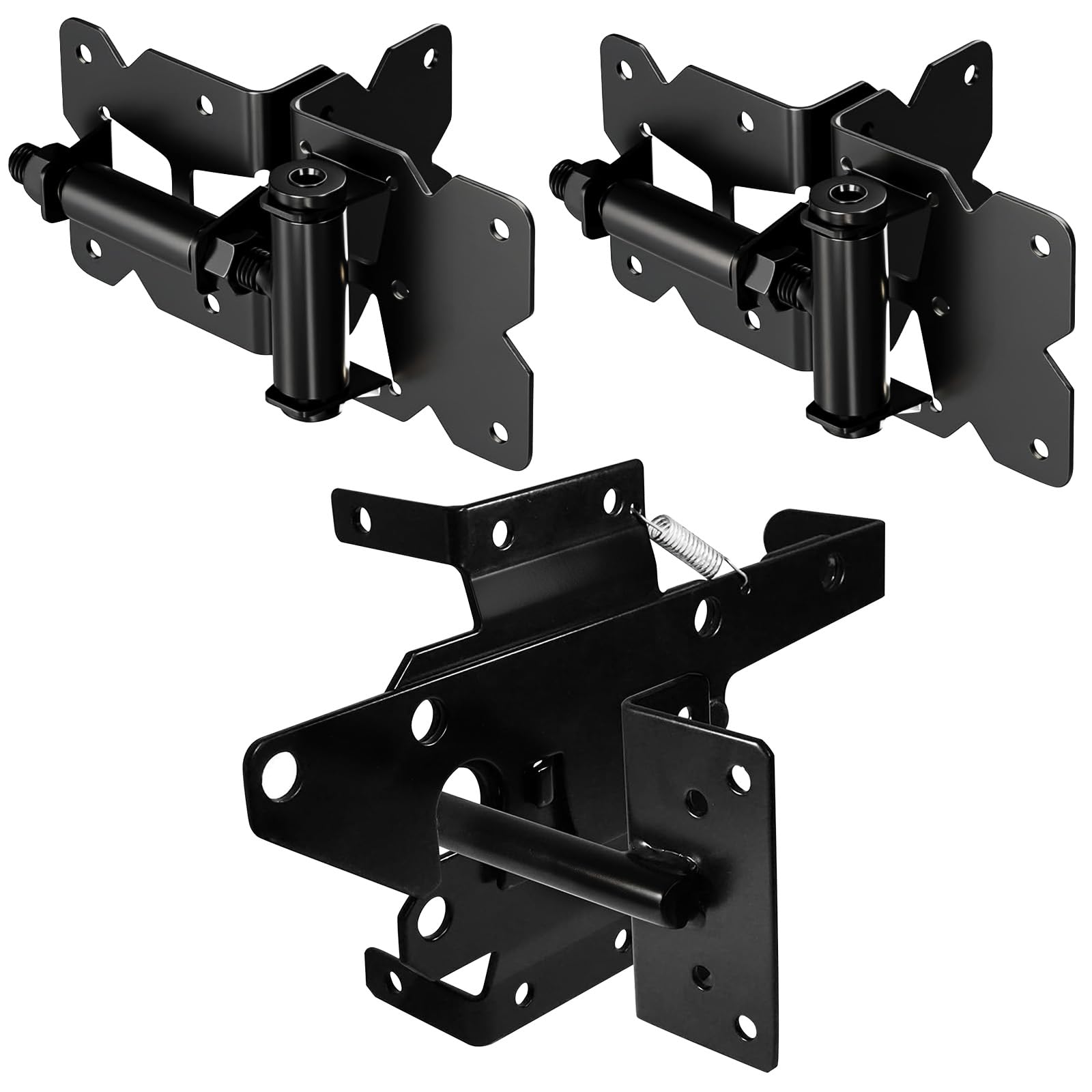 K KASONIC Self Closing Gate Hinge and Latch Kit, 2 Hinges and 1 Latch Hardware Set for Vinyl Wood Metal Fences, Supports 130lb, Fits 3/4" to 1" Gap with Tool and Screws