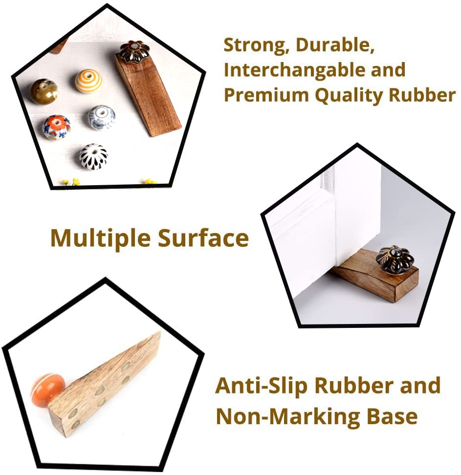 Image of Indian-Shelf 4 Pieces Wood Door Stopper for Home Rubber Floral Floor Gate Stopper Green Door Wedge Powerful Gripping