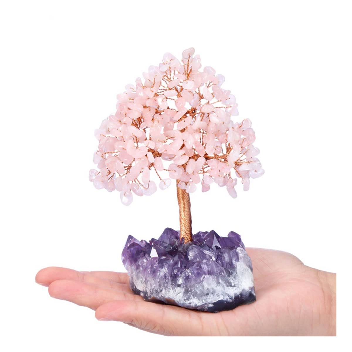 Árbol de cristal de cuarzo rosa natural y alambre de cobre puro