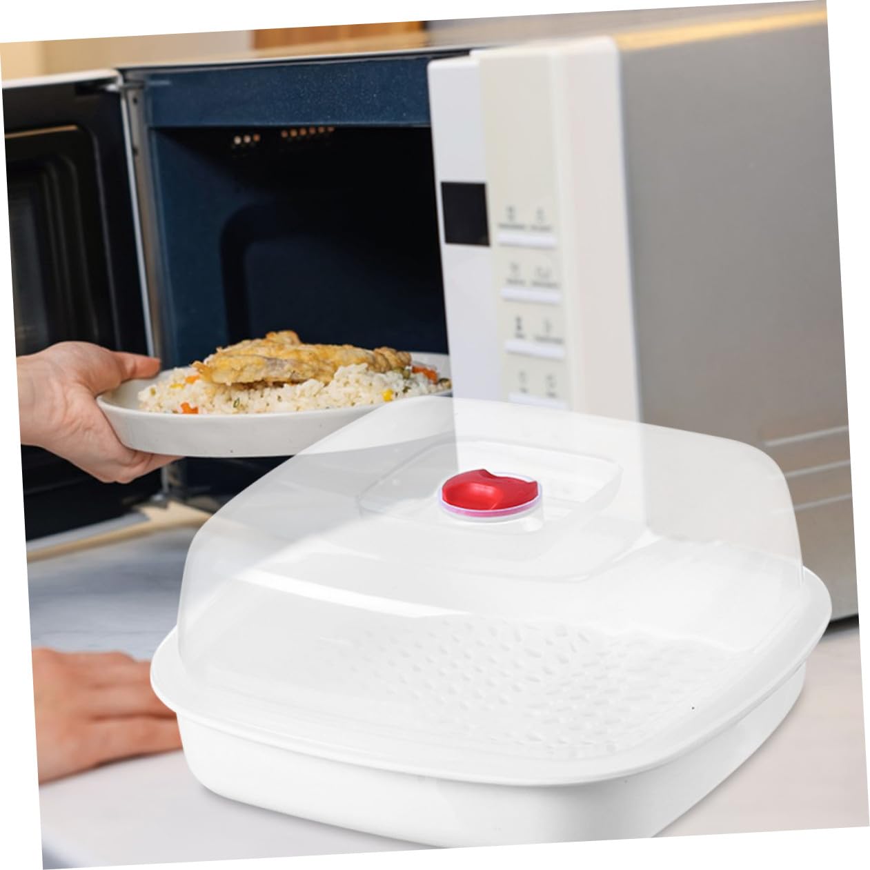 Generico Vaporiera Microonde Professionale in Plastico Manico, Contenitore per Alimenti al Vapore per Cucina e Cottura di Pesce e Ravioli