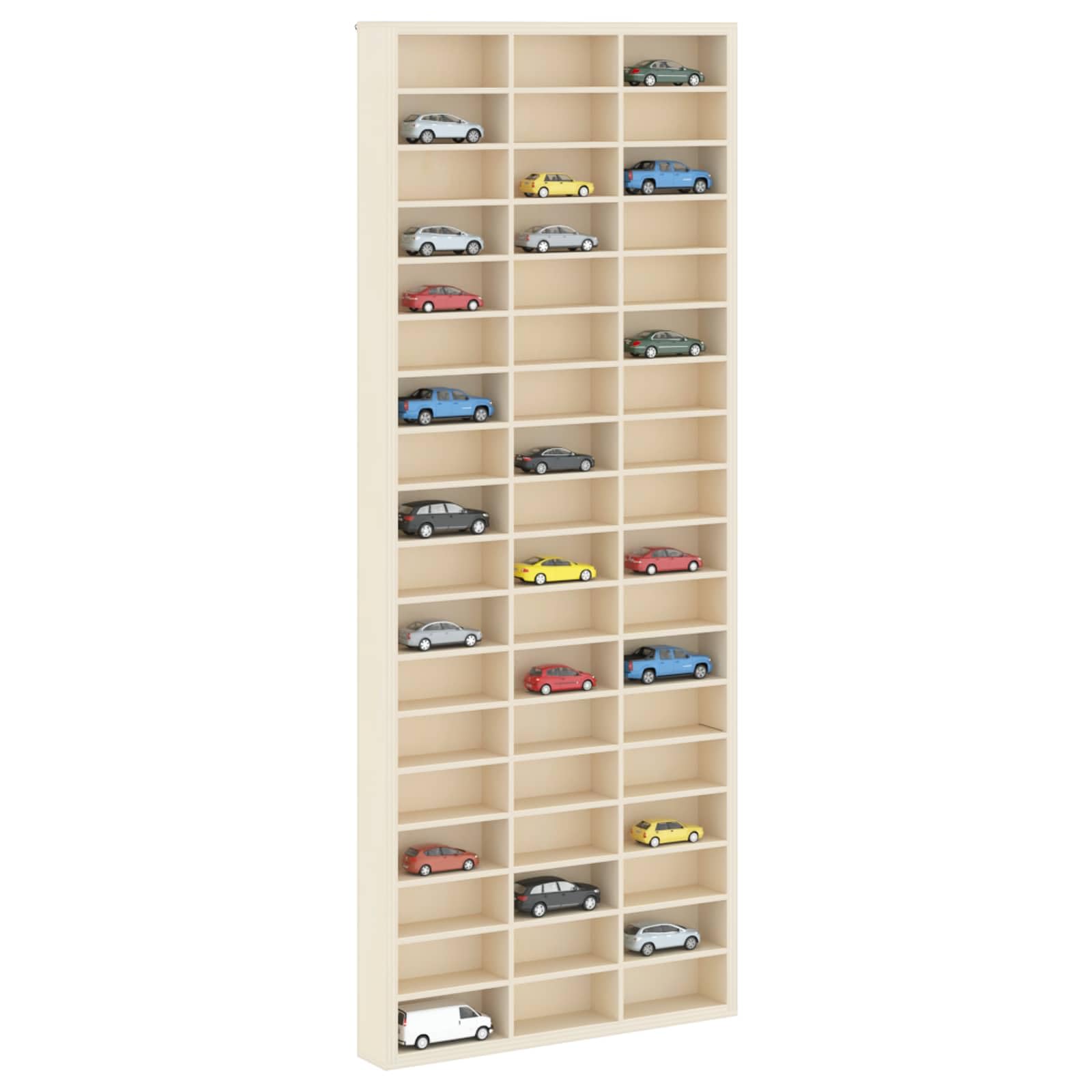 Wanddisplay-Case Setzkasten Beige 30 x 4,5 x 75 cm, Wandregal aus Holzwerkstoff mit 54 Fächern, moderner Schaukasten für Sammlerstücke Figuren und Miniaturen