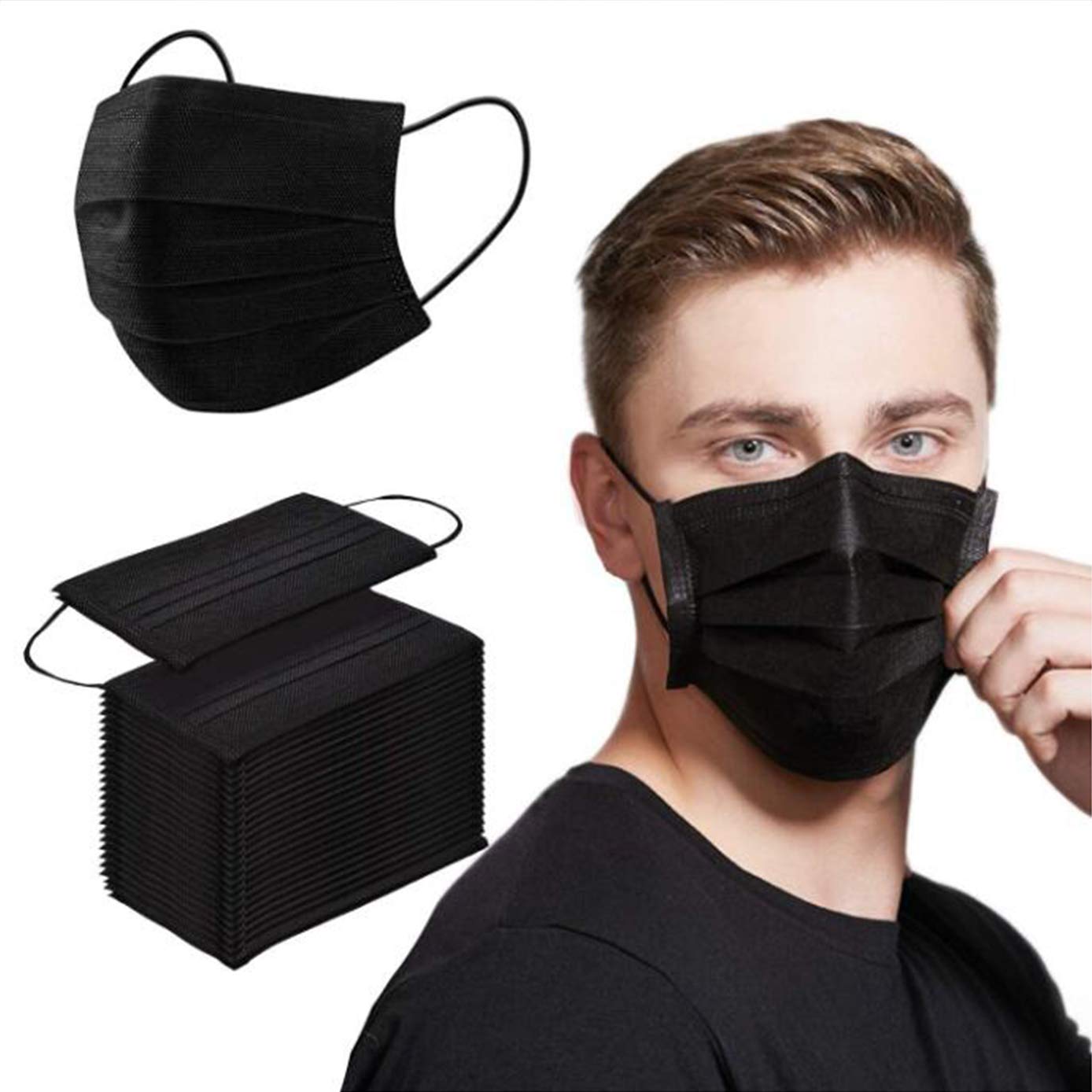 Face Mask 100PCS Adult Black Disposable Masks 3-Layer Filter Protection Breathable Dust Masks with Elastic Ear Loop for Men Women