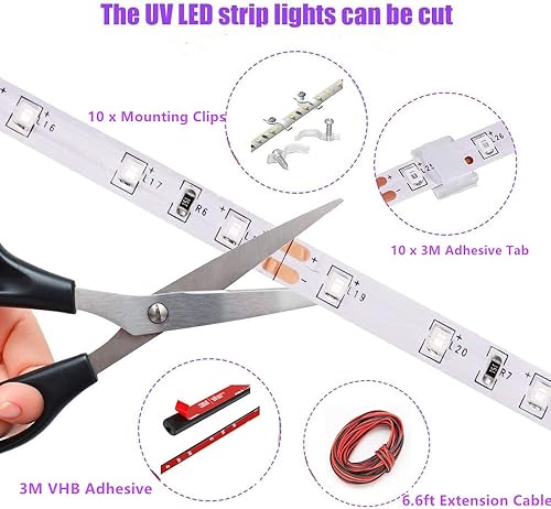 Miniatura 5 de Tira de luces LED de 12 V 16.4 pies, luz ultravioleta ultravioleta negra, luces de pesca nocturna, 5050 LED impermeable, tira LED UV con cable de