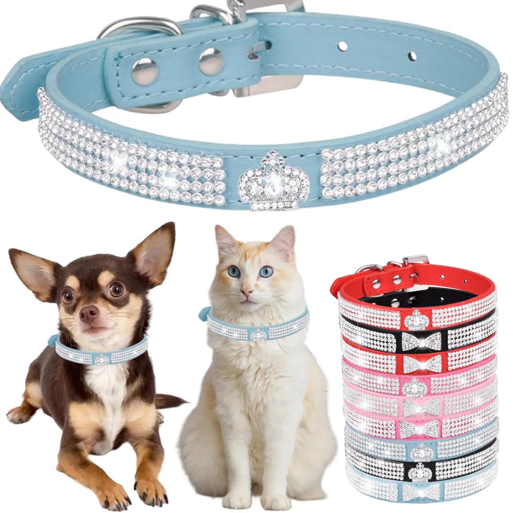 Diamond Dog Collar for Small Dogs Fancy Crown Bling Crystal Dog Collar Glitter Jeweled Girl Puppy Cat Collars for XXS XS Small Medium Large Dogs (Blue,M)