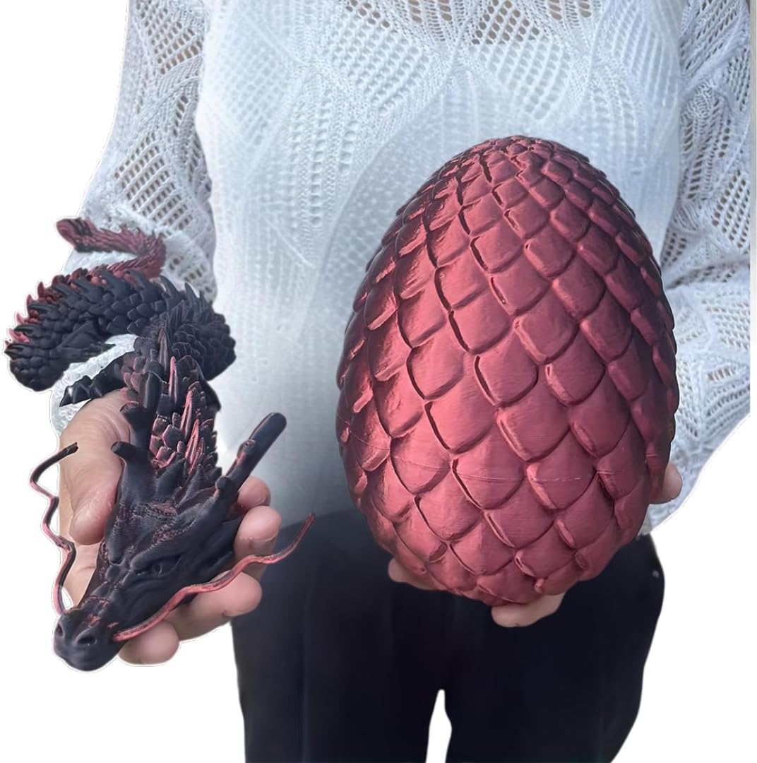 Large 3D Printed Dragon Egg with 24'' Articulated Chinese Dragon - 7” Openable Surprise Easter Egg Hunt Toy, Fantasy Creature Figure, Easter Basket Stuffer Gift for Kids Teens Adults (Black Red)