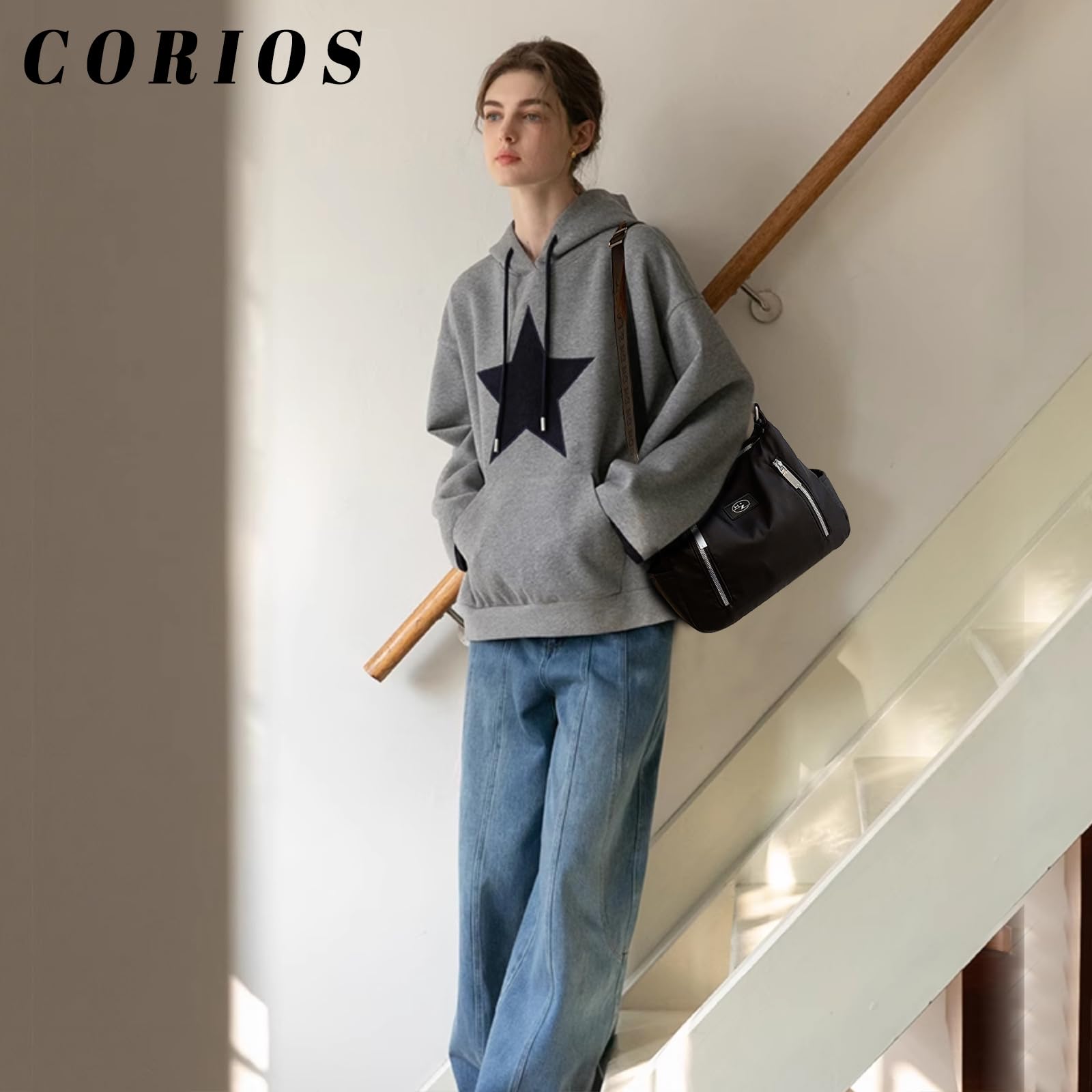 CORIOS Women Nylon Crossbody Bag Waterproof Shoulder Bag Lightweight Top Handle Bag Casual Handbag Multi Pockets Messenger Bag Ladies Hobo Bag Travel Shopping Party Work Tote Bag Black