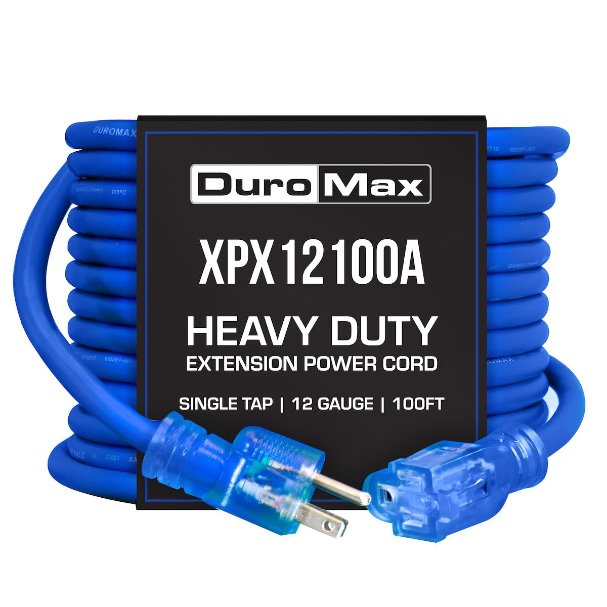 Heavy Duty SJEOOW 100-Foot 12 Gauge Blue Single Tap Lighted Extension Power Cord by DuroMax – Blue, Model XPX12100A