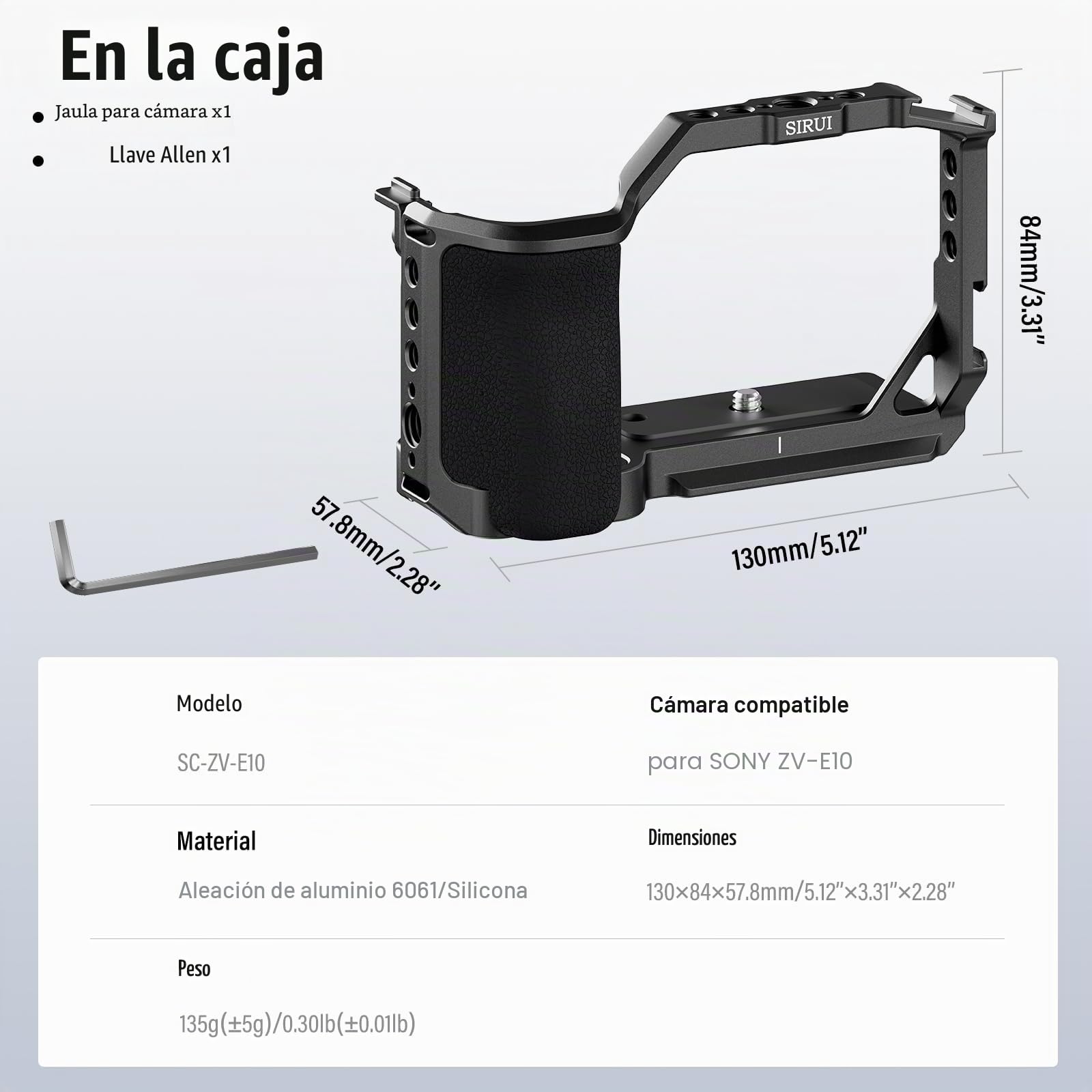 SIRUI ZV-E10 Cage Jaula para Cámara con Agarre de Silicona Extraíble y Placa de Liberación Rápida Incorporada para Arca, con Agujeros Roscados de 1/4"y 3/8" para Sony ZV-E10 - SC-ZV-E10