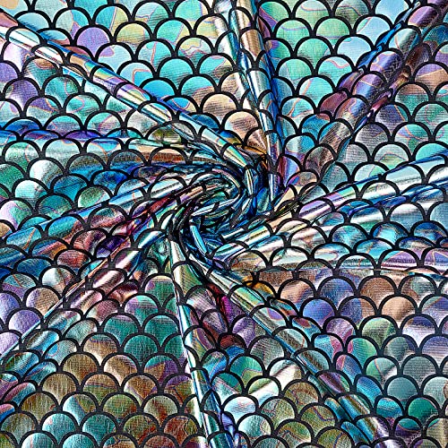 FINGERINSPIRE Meerjungfrau Stoff 100x150cm 4-Wege-Stretch Spandex Hologramm Fischschuppen Stoff Glitzer Fischschuppen Tuch Drachenschuppen Stoff mit bunten Regenbogenstreifen Für DIY-Nähen Cover