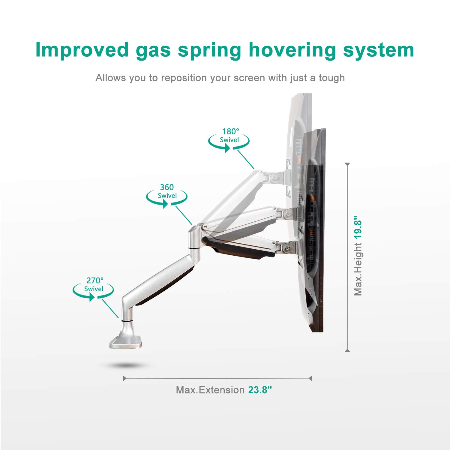 EleTab Single Monitor Arm Stand Full Motion Height Adjustable Monitor
