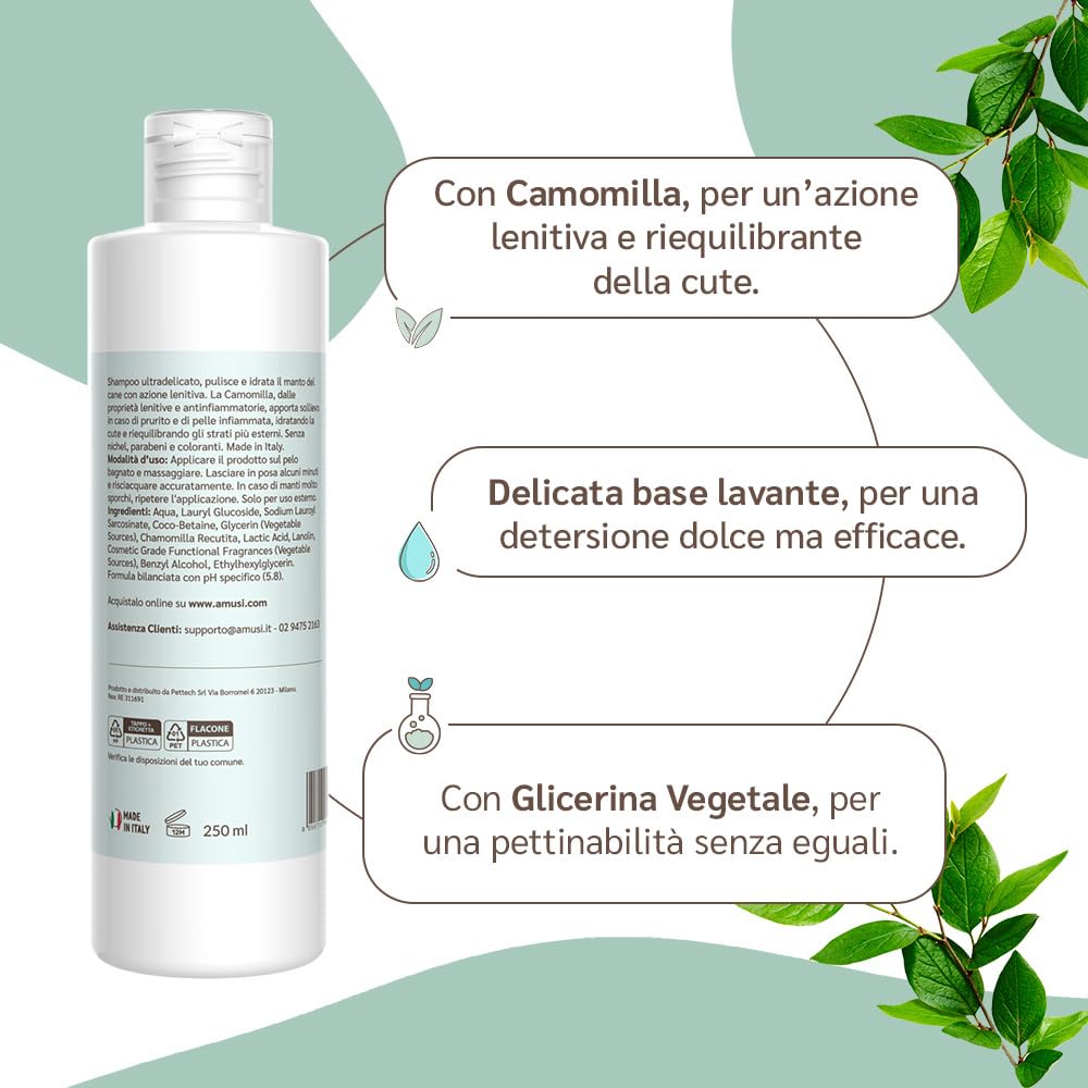 amusi Shampoo per Cani con Dermatite 250ml - Made in Italy, Shampoo Cane Antiprurito, Effetto Calmante per Cute Sensibile - Shampoo Cane Dermatite Ideale per Tutti i Tipi di Pelo e Cute Irritata