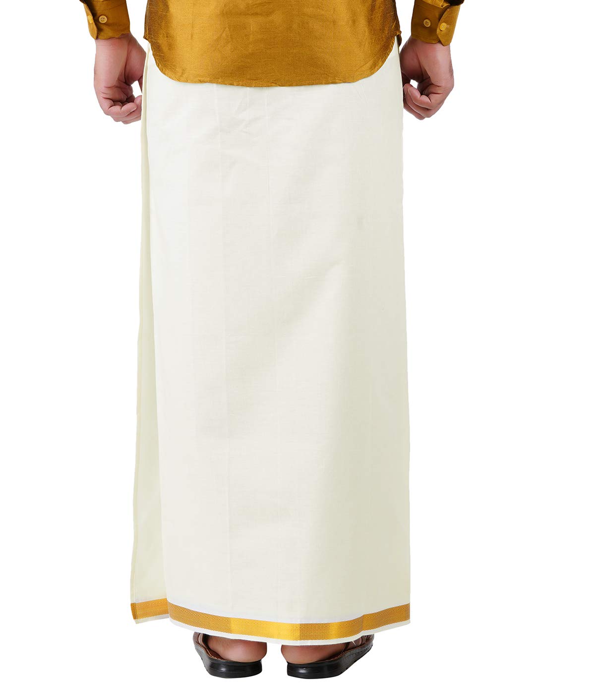 Prakasam Cotton Mens Ss Gold Jari Border Flexi Size Welcro Pocket Dhoti (Medium, Off-White)