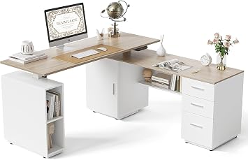 Cubiker 63" L Shaped Standing Desk with Storage, Executive Height Adjustable Table with Drawers, Light Wood Grainy