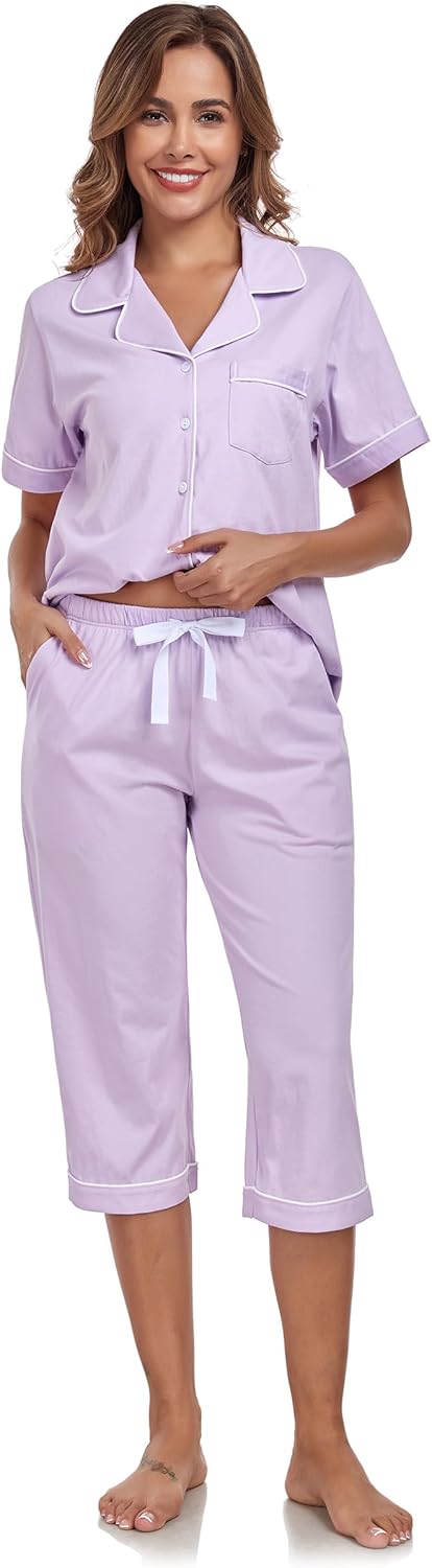 ANLIQI Womens Pajama Sets Summer Cotton Button Up Short Pjs for Women 2 Piece Sleepwear Soft Comfy Short Sleeve Shirt&Pants - Image 7