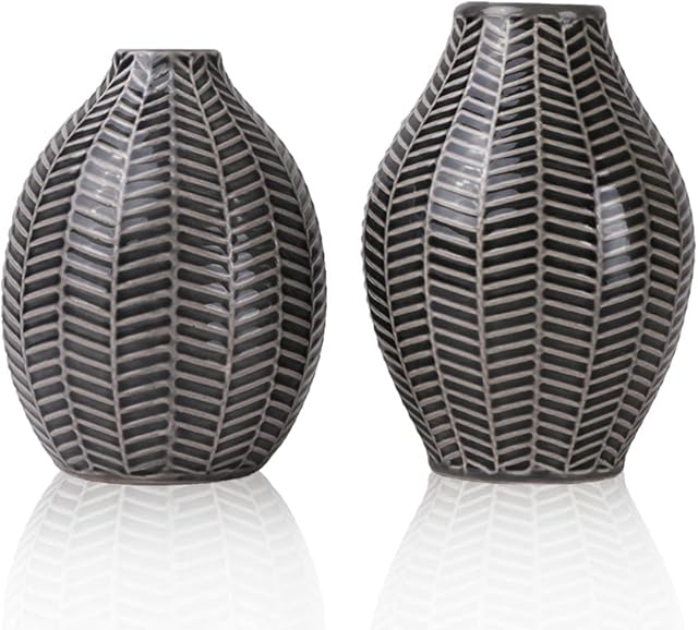 TERESA'S COLLECTIONS Black Grey Ceramic Vase for Flowers, Set of 2 Scandi Small Vases for Artificial Plants, Decorative Pottery Vase for Home Decor, Living Room, Bedroom, Mantel, Table, 14cm/15cm