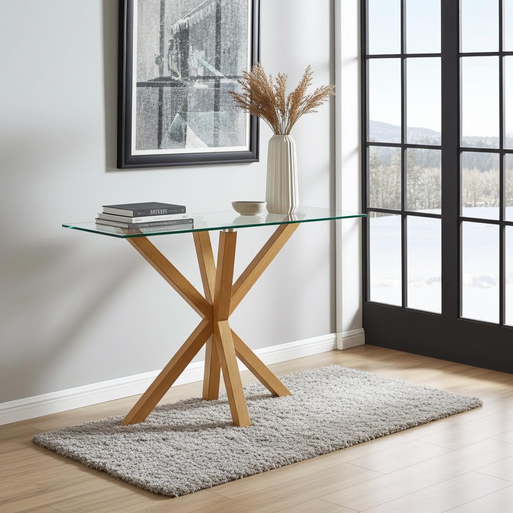 The Furniture Market Spider Modern Console Table with 10mm Clear Glass Top and Oak Effect Legs – Durable Design with Adjustable Feet - Length 1200 x Depth 400 x Height 750mm