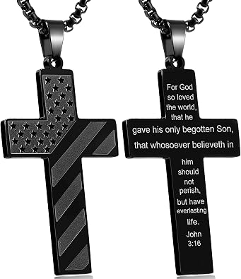 RWQIAN American Flag Cross Necklace for Men Bible Verse, Christian Religious Scriptures Faith Baptism 1st First Communion Pendant Chain for Boys, Fathers Dad Day Graduation Jewelry Gifts for Him