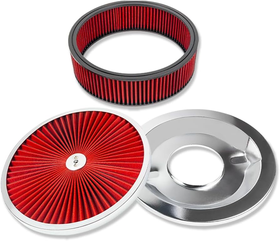 14" x 4" Round Air Cleaner with Red Washable Element & Chrome Trim For Chevy Ford Mopar