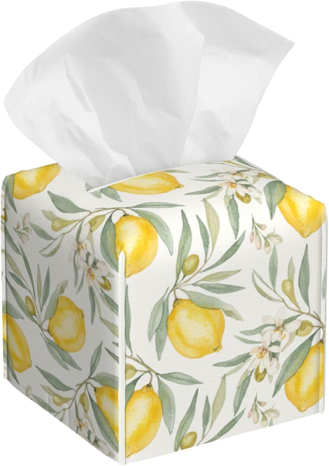 Famame Botanical Watercolor Lemon Tissue Box Cover Leather Decorative Square Tissue Cube Boxes Holder with Bottom Belt Case Organizer for Bathroom Home Car Decor