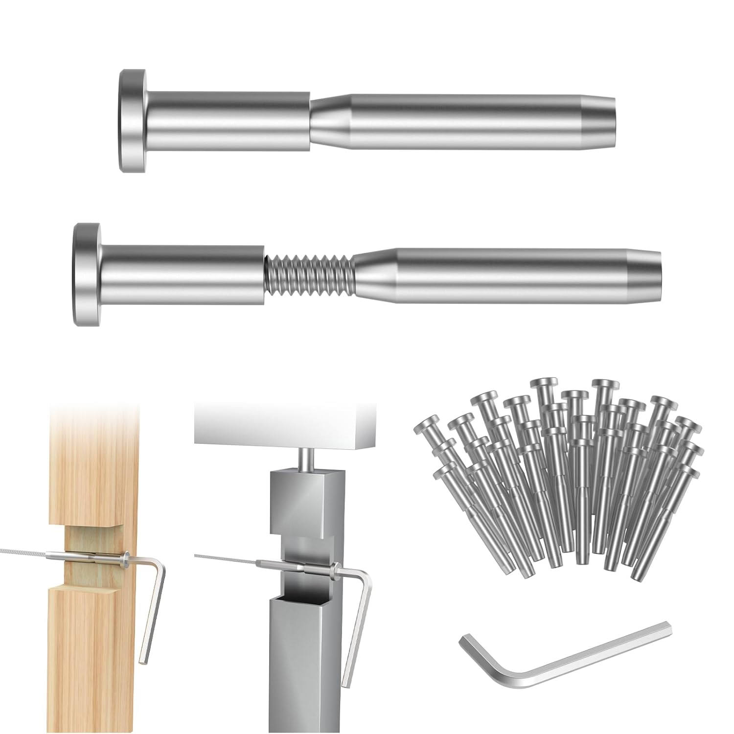 CKE 20 Pack 3/16" Invisible Cable Railing Kit, Invisible Receiver and Swage Stud End for Deck Stair Cable Railing, T316 Stainless Steel Threaded End Fitting for 2"x2" Wood & Metal Posts