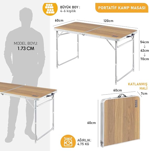 Haegs Portable Camping Table, 3 Height Adjustable, Folding Picnic Table, Easy Portable Aluminum Table - 120x60 - Hareli Walnut