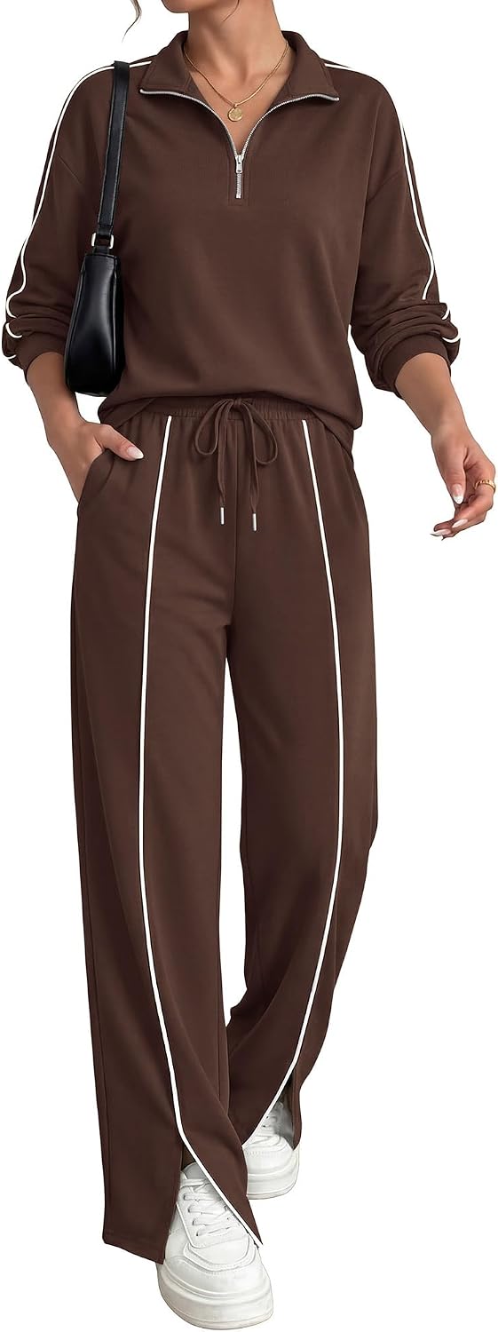 BTFBM Two Piece Sets for Women Fall Fashion 2026 Long Sleeve Half Zip Lounge Set Wide Leg Pants Vacation Airport Outfits