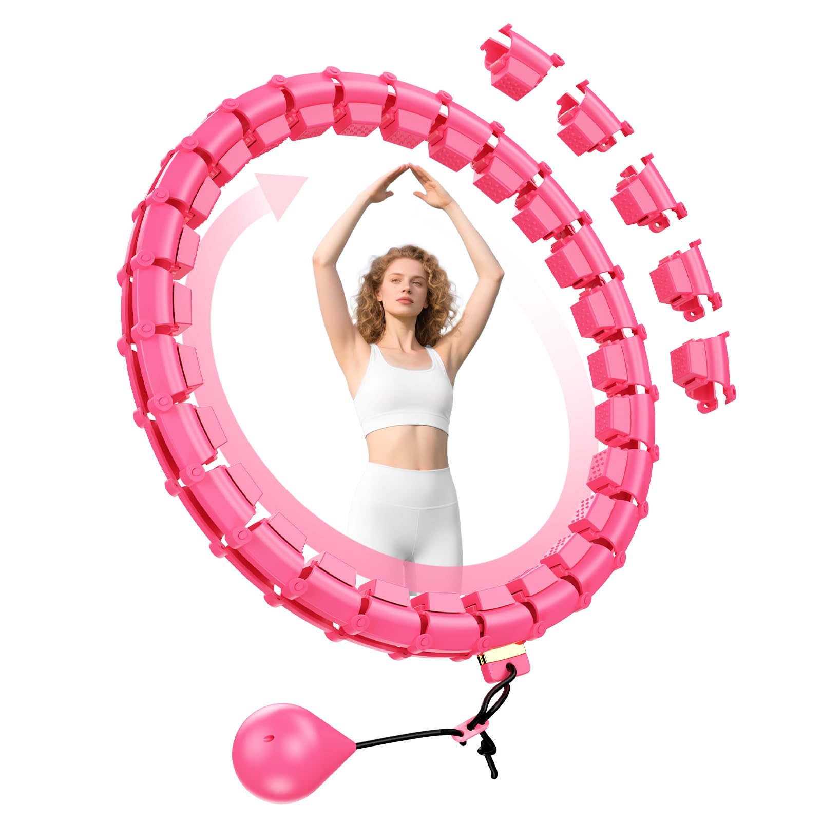HOELLL 65 Inch Adjustable Weighted Hula Detachable Hoop for Adults Weight Loss, Plus Size Quiet Infinity Fitness Hoop with 32 Links, Non-Drop Funny Smart Exercise Hoops for Women and Beginners, Red