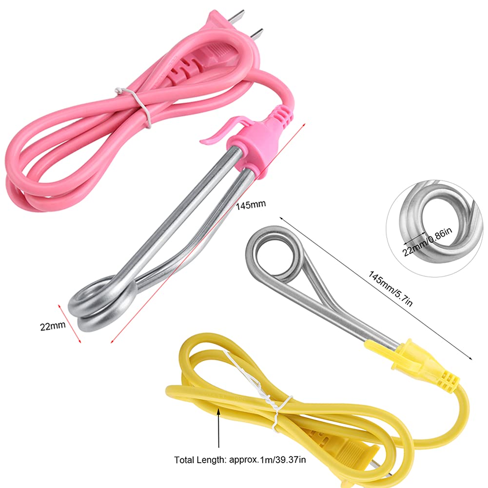 Two Eboxer immersion heaters, one yellow and one pink, showing dimensions and plug types.