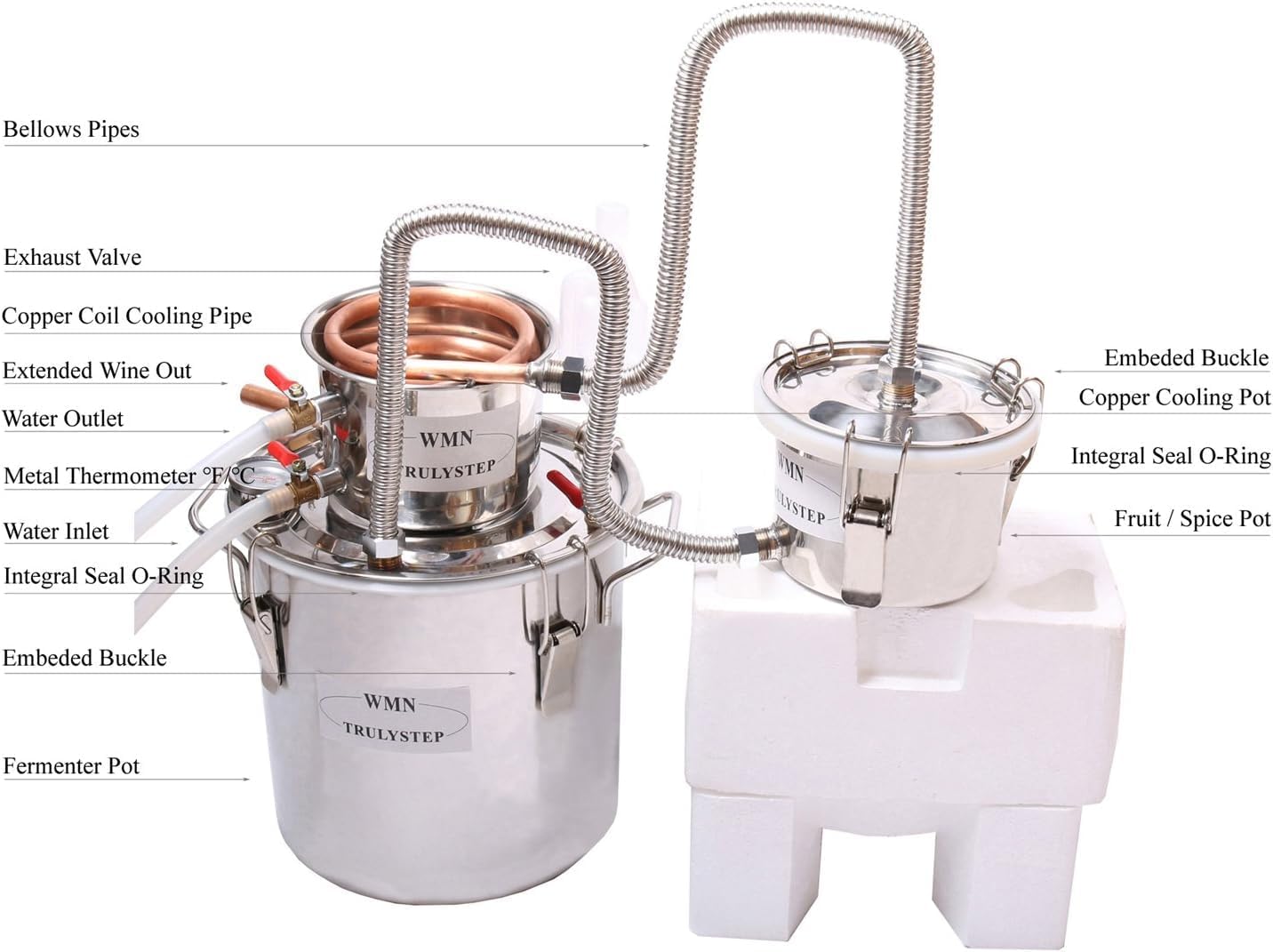 YUEWO 3 Pots DIY 5Gal/20Litres Alcohol Still Copper Water Alcohol Distiller Home Brew Wine Making Kits with Thumper Keg for DIY Brandy Whisky Wine Essential Oils