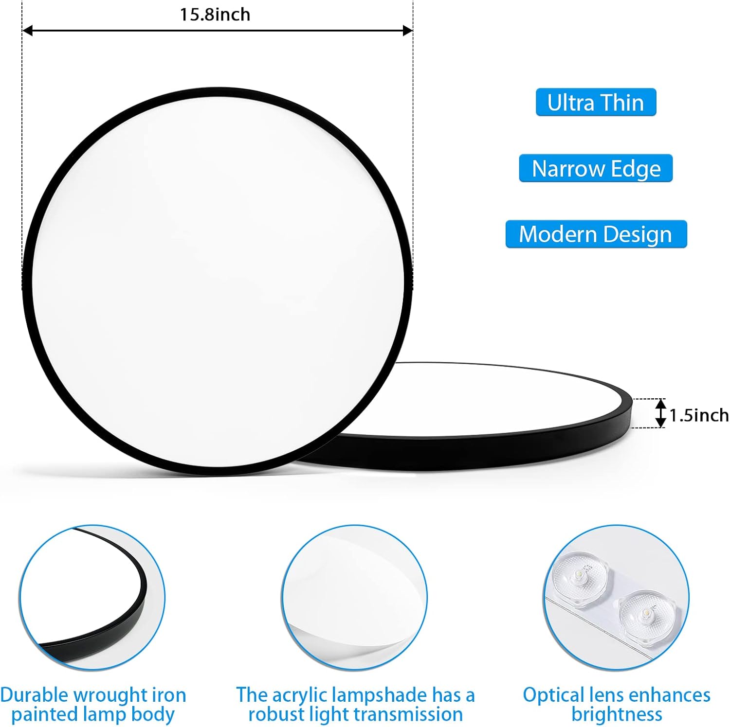 hovenla 15.8 inch led flush mount ceiling light 2pack, 30w black kitchen light fixtures (200w equi) 2400lm, 5000k daylight round light fixture mount for hallway, bedrooms, not-dimmable 15.8inch-2pack black