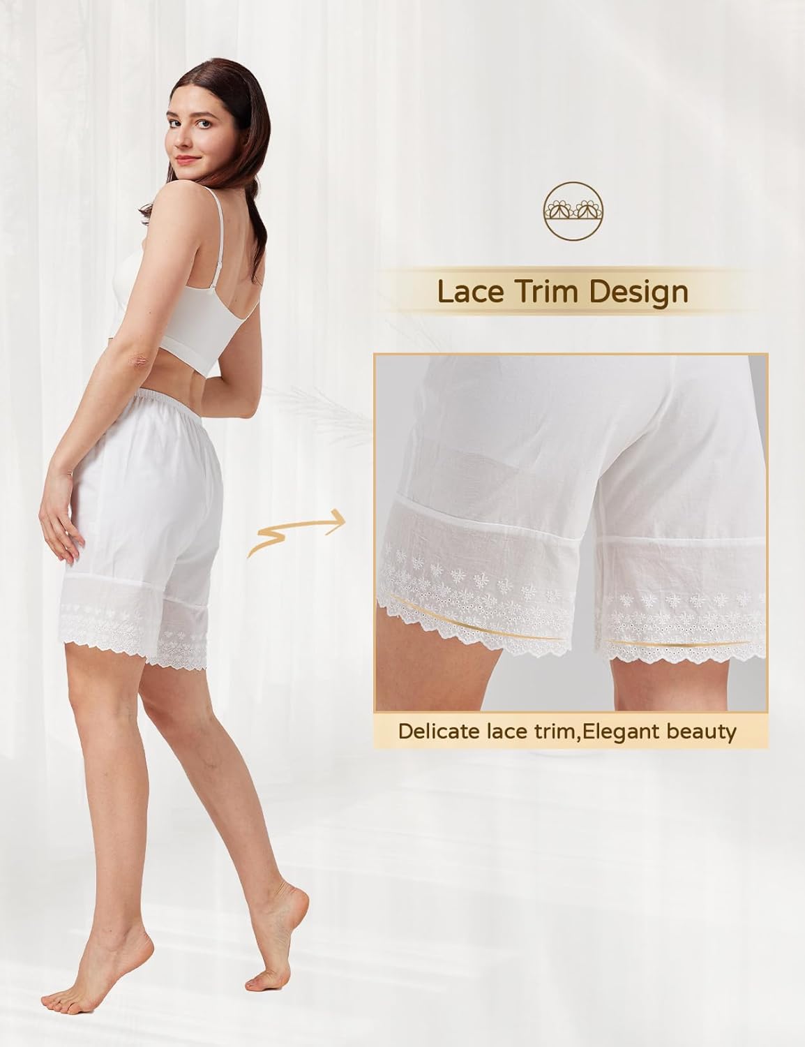 Women Cotton Pettipants for Under Dress Lace Embroidery Victorian Pajama Pants Elastic Waistline Ivory Beige - Image 4
