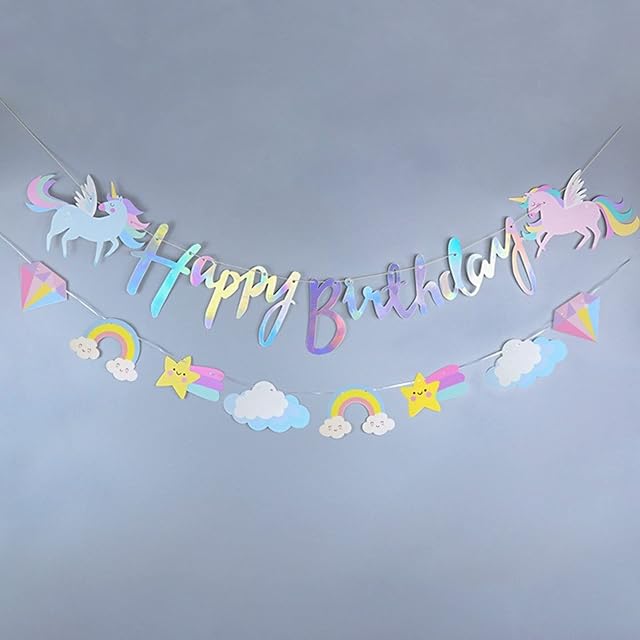 Happy Birthday Unicorn Banner Pennant Unicorn Themed Party Supplies Favors Bunting Banners with Sparkle Gold Glitter for Kids Girls Birthday Wall Door Decoration