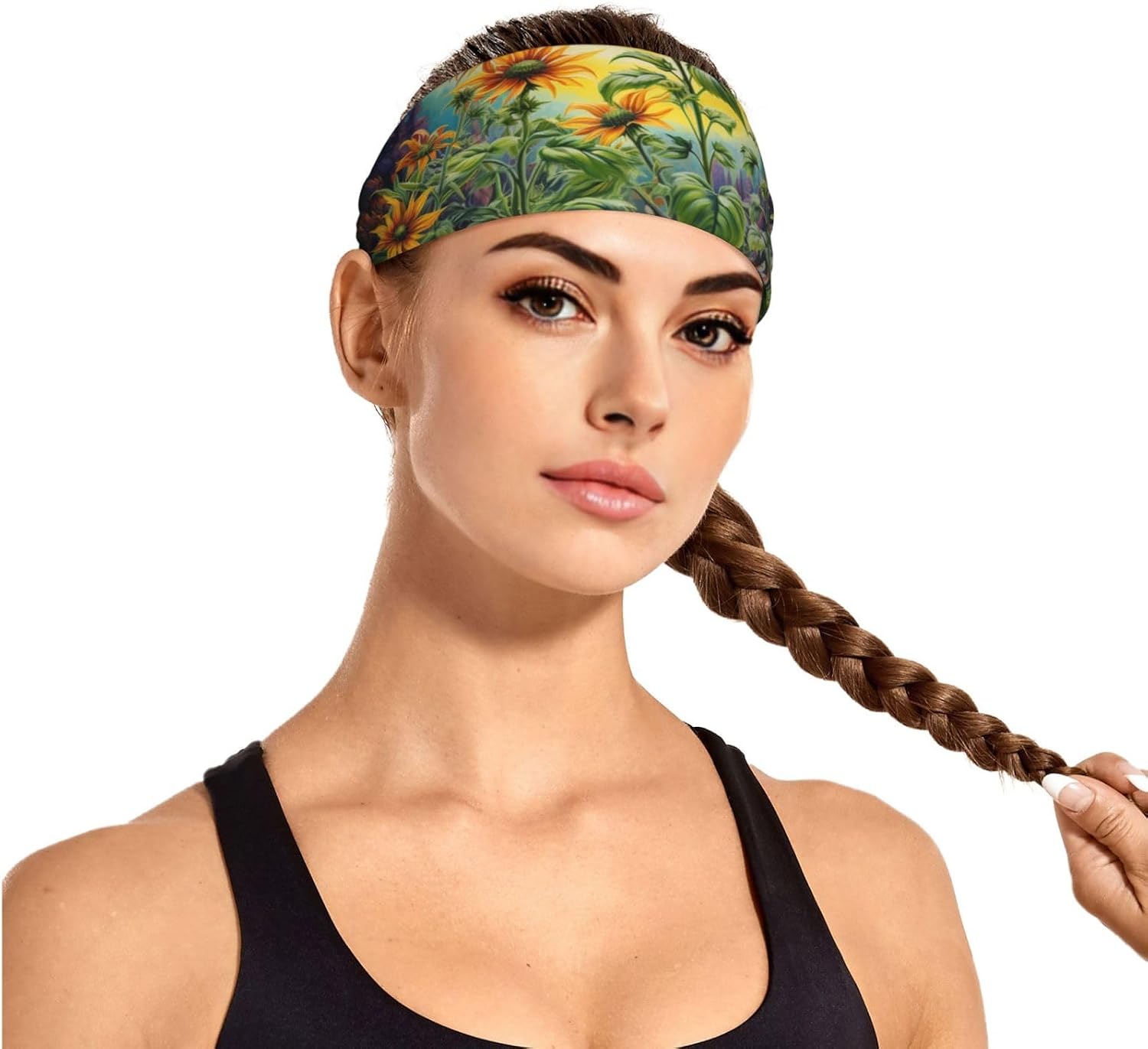 Sports Head Tie Workout Headbands Non Slip Sport Sweatbands Yoga Hairbands for Travel Fitness Athletic Moisture Wicking - Weed with Sunflower