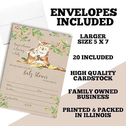 Miniatura 2 de AmandaCreation - Invitaciones para baby shower con temática de búho "Guess Whooo", 20 tarjetas de relleno de 5 x 7 pulgadas con veinte sobres blancos