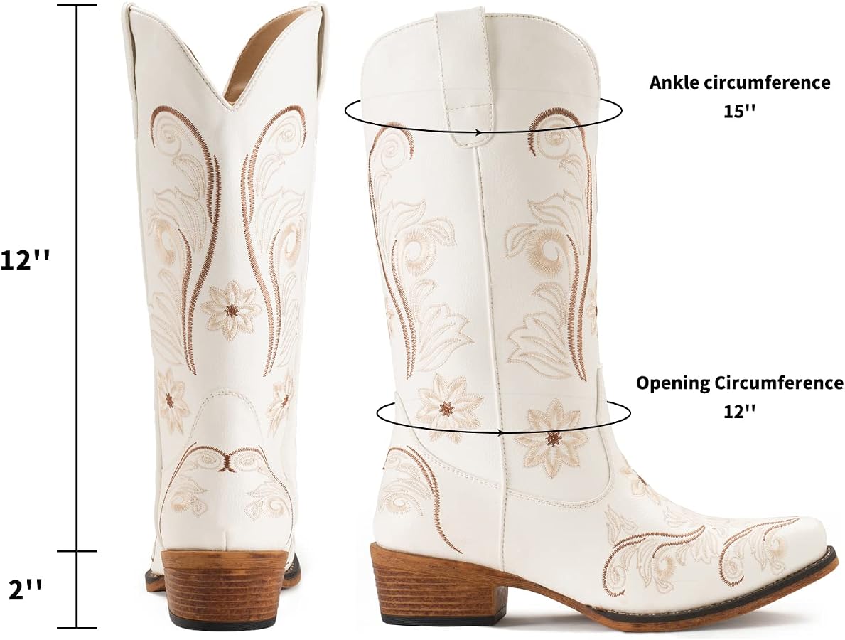 IUV Women's Cowboy Boots – Embroidered Snip Toe Mid Calf Boots In Beige