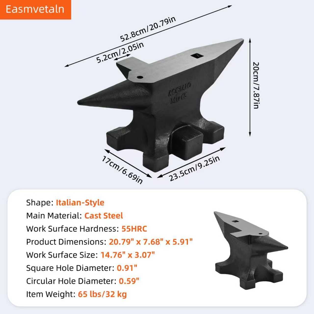 Easmvetaln 65Lbs Cast Steel Anvil, Multi-Head Shaped Steel Anvil, Blacksmith Anvil with Round Horn, Sharp Corner and Step, Professional Metalsmith Tool for Bending, Shaping and Forging, Black