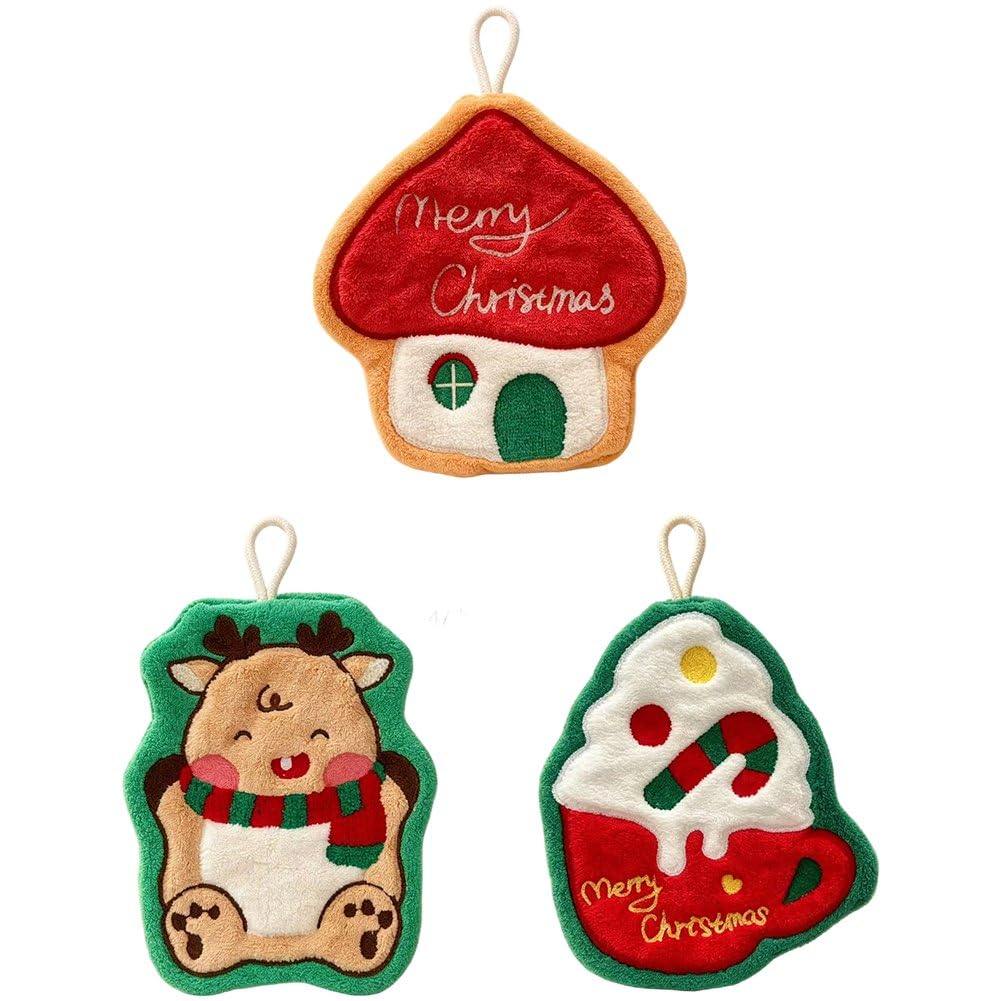 Lamdbao 3pcs Christmas Hanging Hand Towels with Hanging Loop Soft Coral Fleece Absorbent Hand Towel for Bathroom and Kitchen