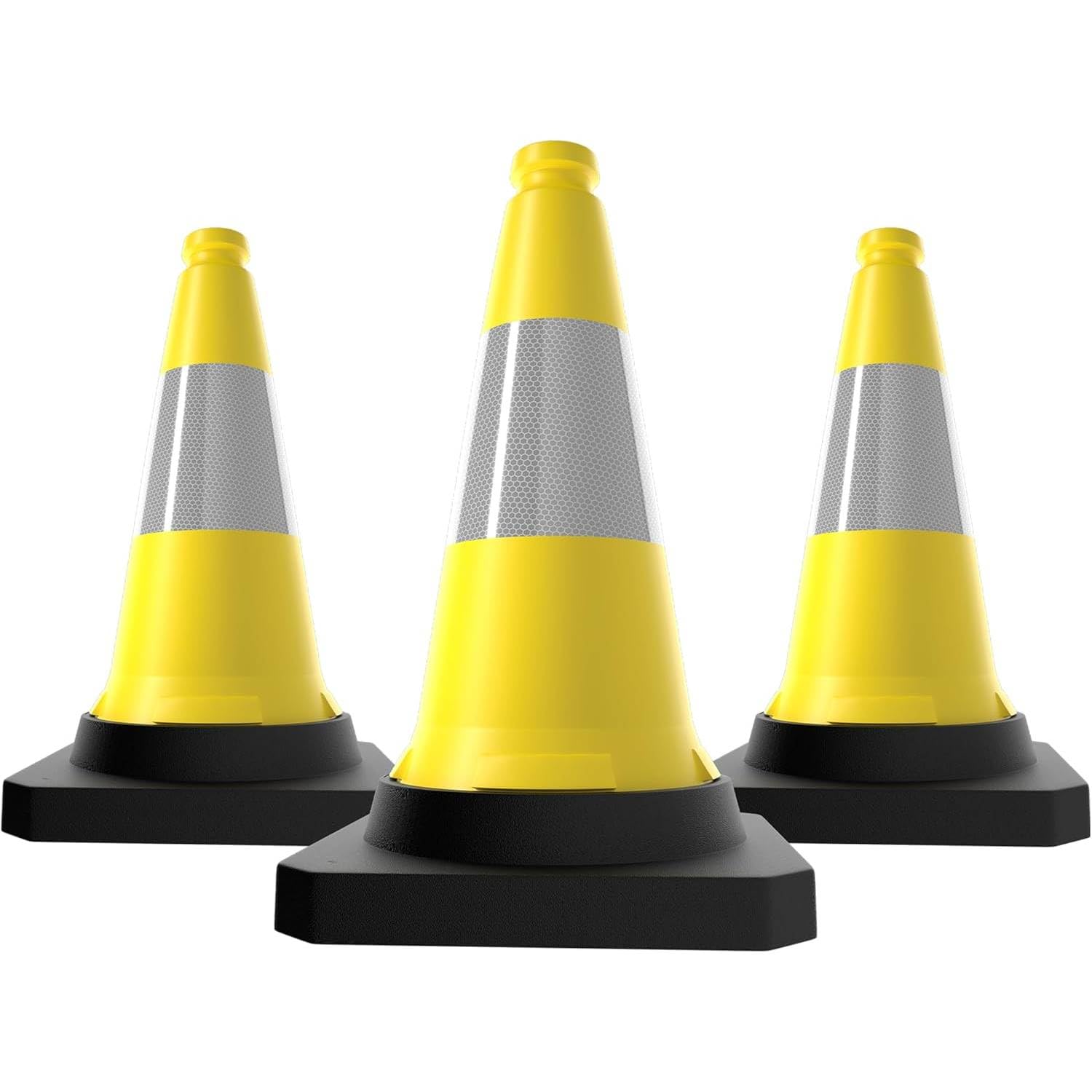 Berry Traffic Cone 500 MM | High Visibility Reflective Yellow Safety Cone with Black Weighted Base | Wind Resistant PE Road Cone for Driveway, Street, Parking & Construction Use - 3 Cones