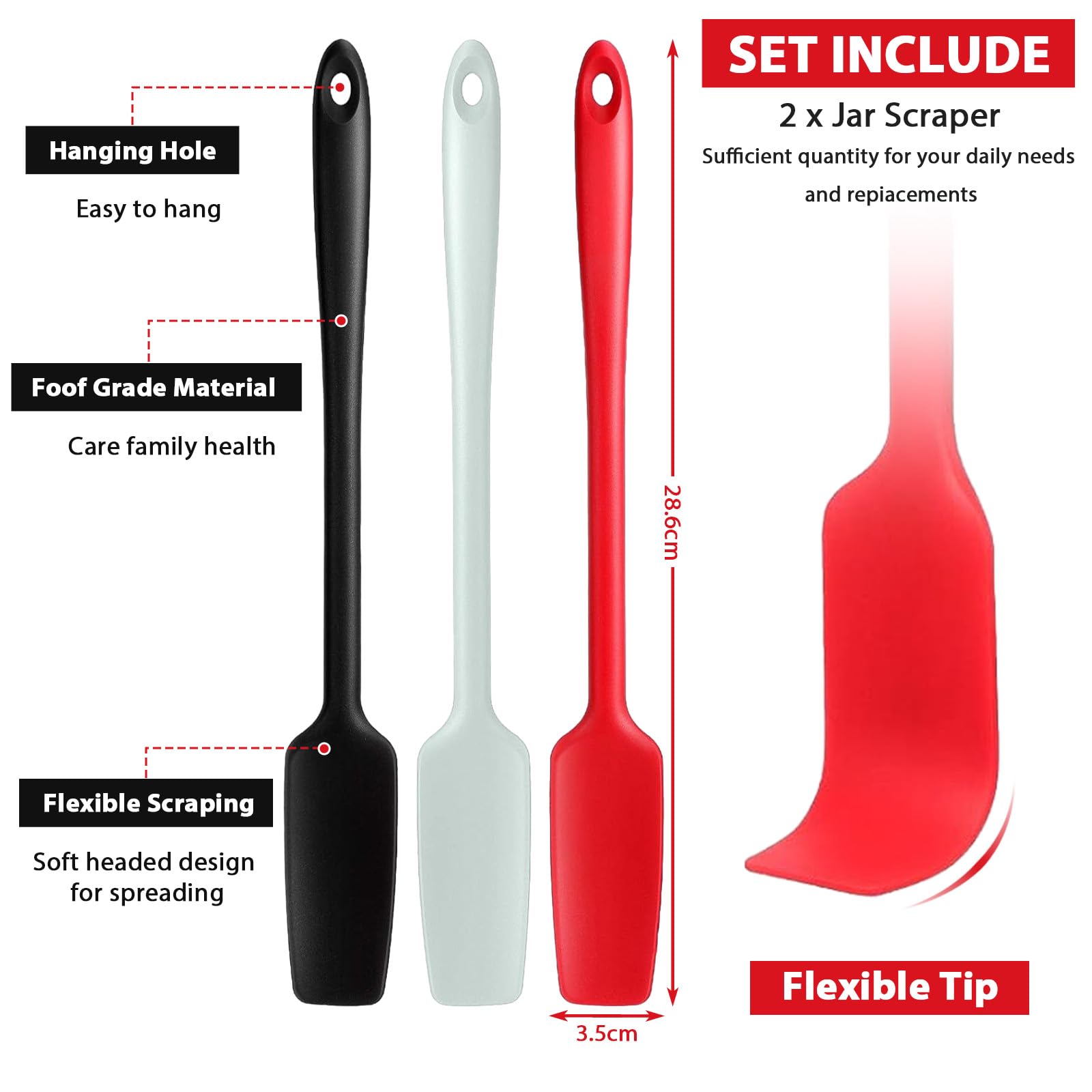 Lot De 3 Spatules En Silicone - Long Manche, Résistantes à La Chaleur (noir, Rouge, Bleu) - Idéales Pour Pâtisserie Et Cuisine