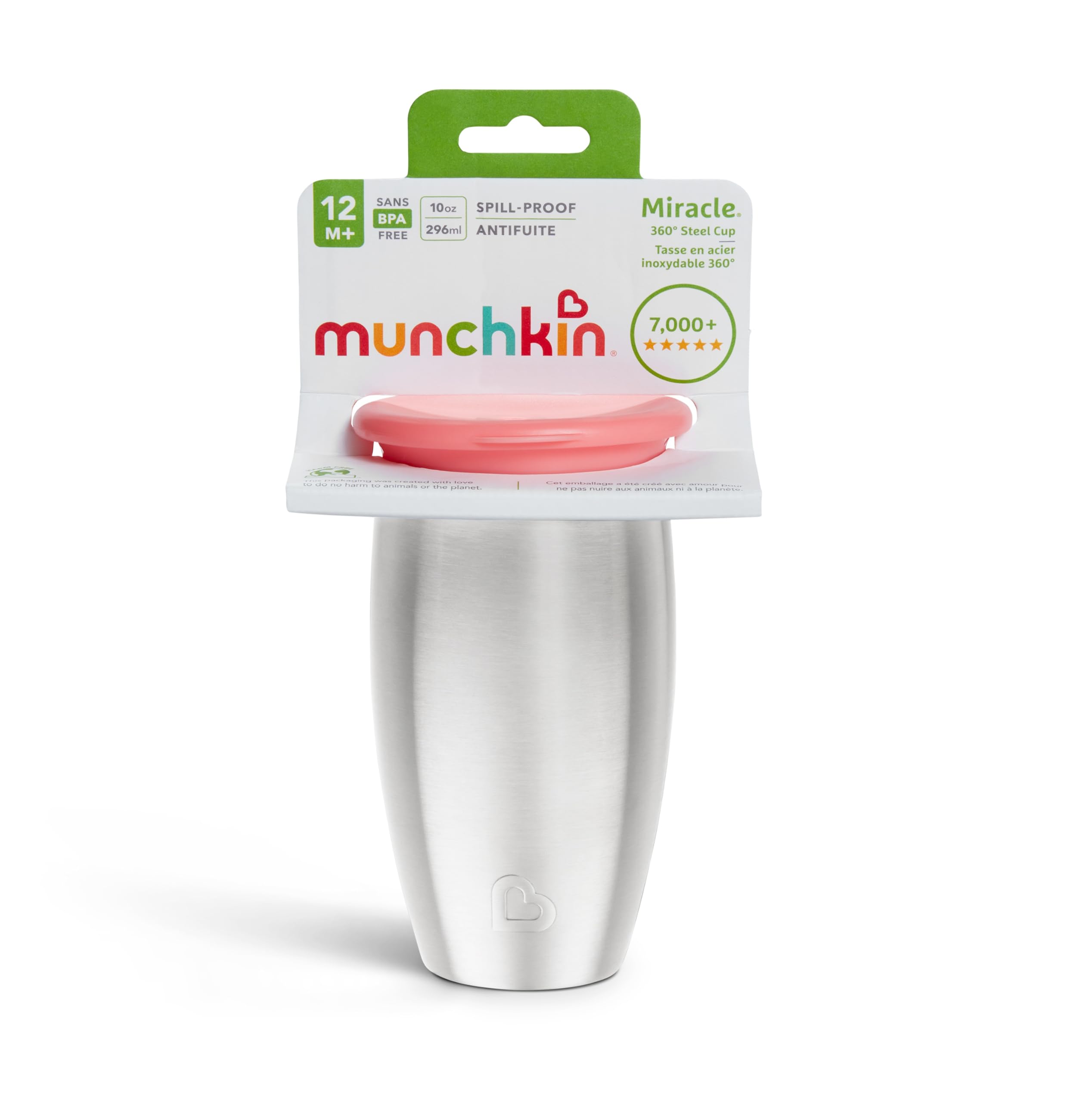 Munchkin Tasse Miracle 360 en Acier Inoxydable | Tasse Bébé & Tout-Petits Sans BPA | Idéale pour le Sevrage | Tasses Enfants Leakproof | 12+ Mois | 10oz/296ml | Rose