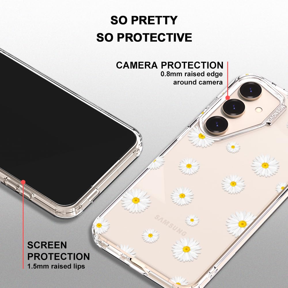MOSNOVO Case for Samsung Galaxy S25 / Galaxy S24, [Buffertech 6.6ft Military-Grade Drop Protection] [Anti Peel Off Tech] Clear TPU Bumper Phone Case Cover Design - White Daisy - 4