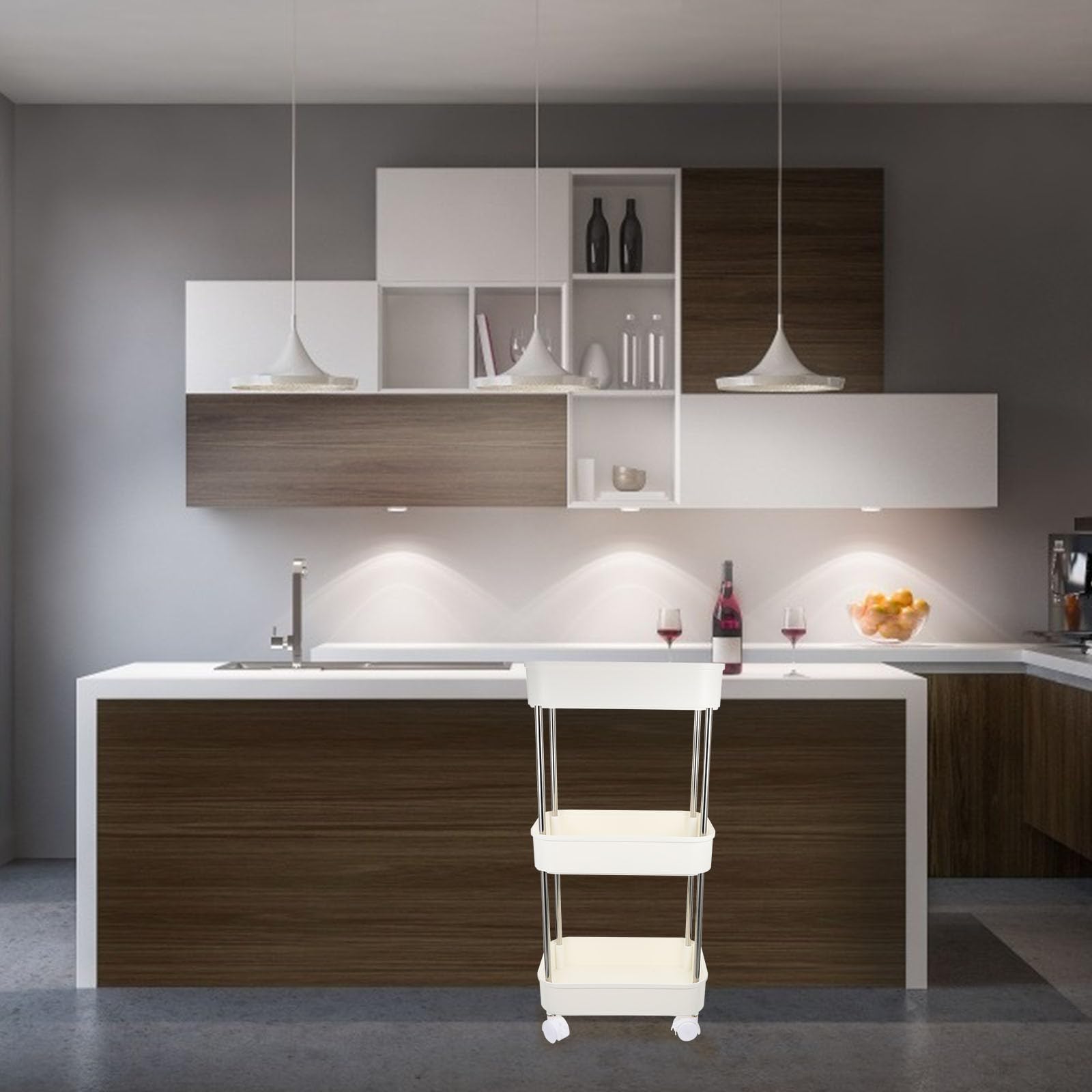 Carrello da Cucina a Tre Livelli, Bianco, Plastico, Mobile
