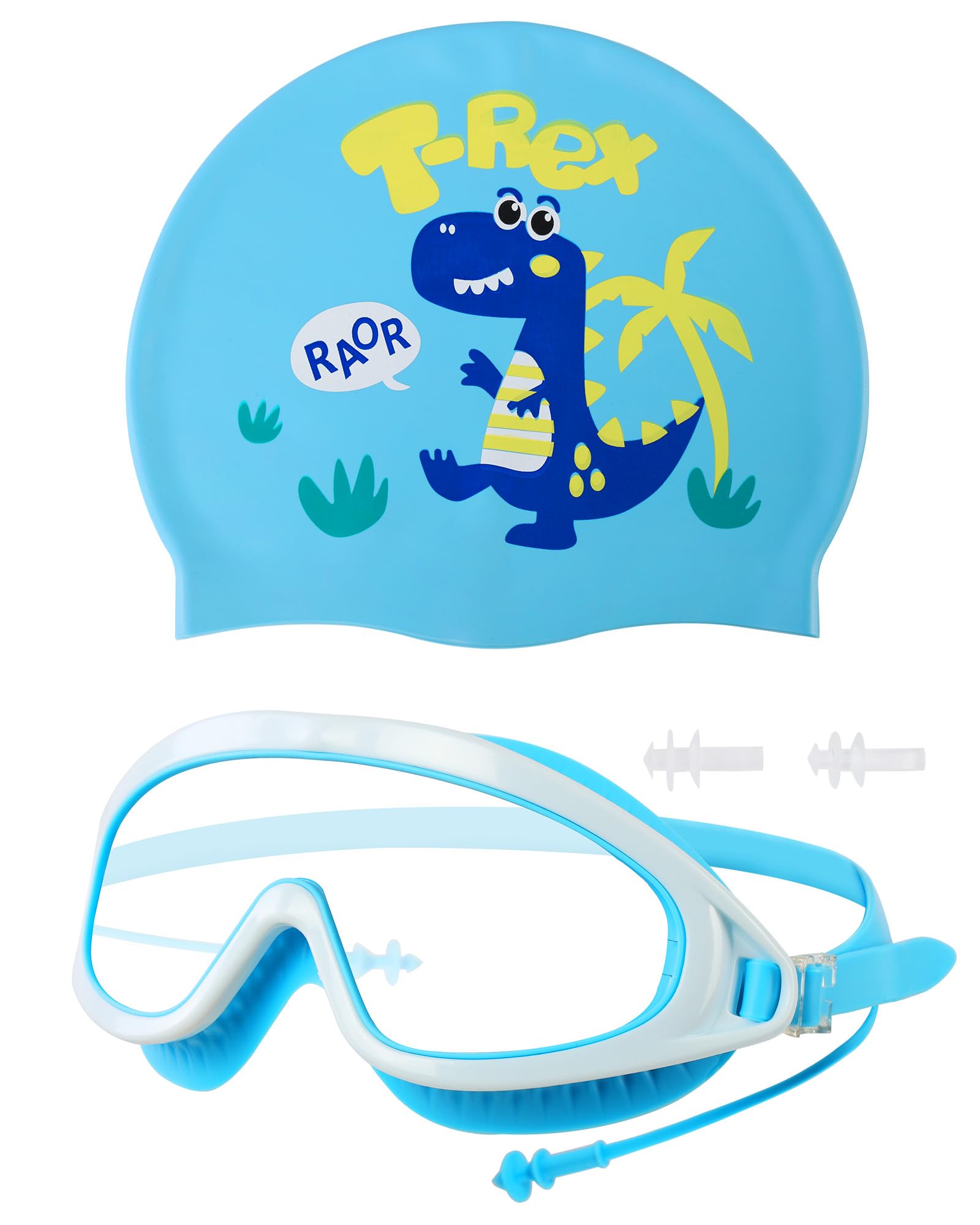 Kids Swim Goggles with Swim Cap, Swimming Goggles Cap Set for Toddler Girls & Boys, Anti-Fog Anti-UV for Kids OGY03_LightBlue/DinosaurBlue