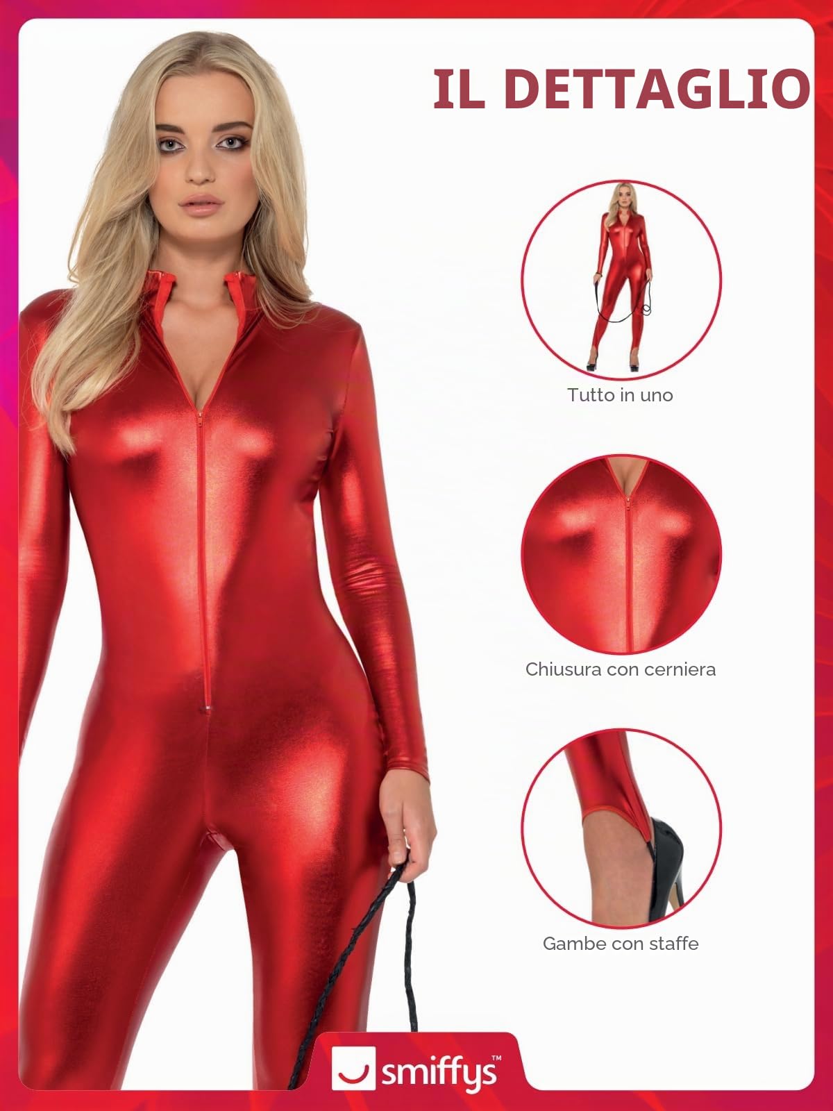 SMIFFYS Costume Donna Colpo di Frusta, Rosso, con Tuta Gatto Zip Halloween